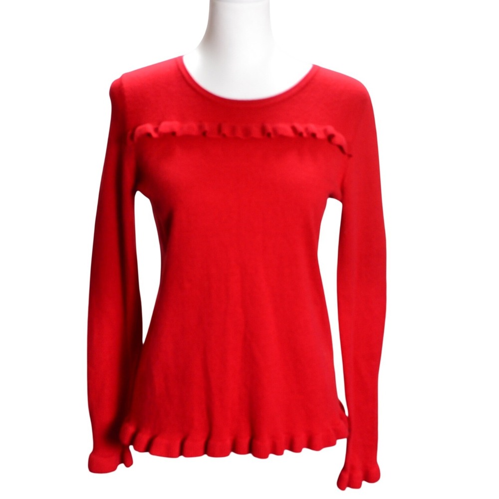 Talbots Petites Red Ruffle Knit Trim Long Sleeve Sweater Crew Neck Feminine Girl